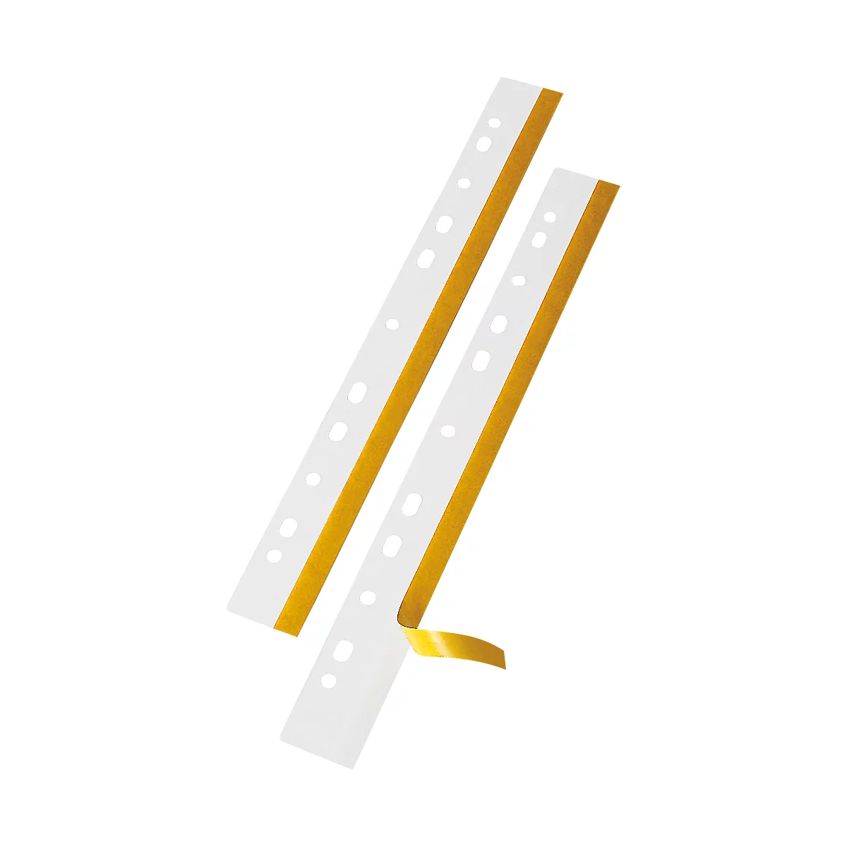 Two white binding strips with yellow borders, with holes and partially removed adhesive tape.