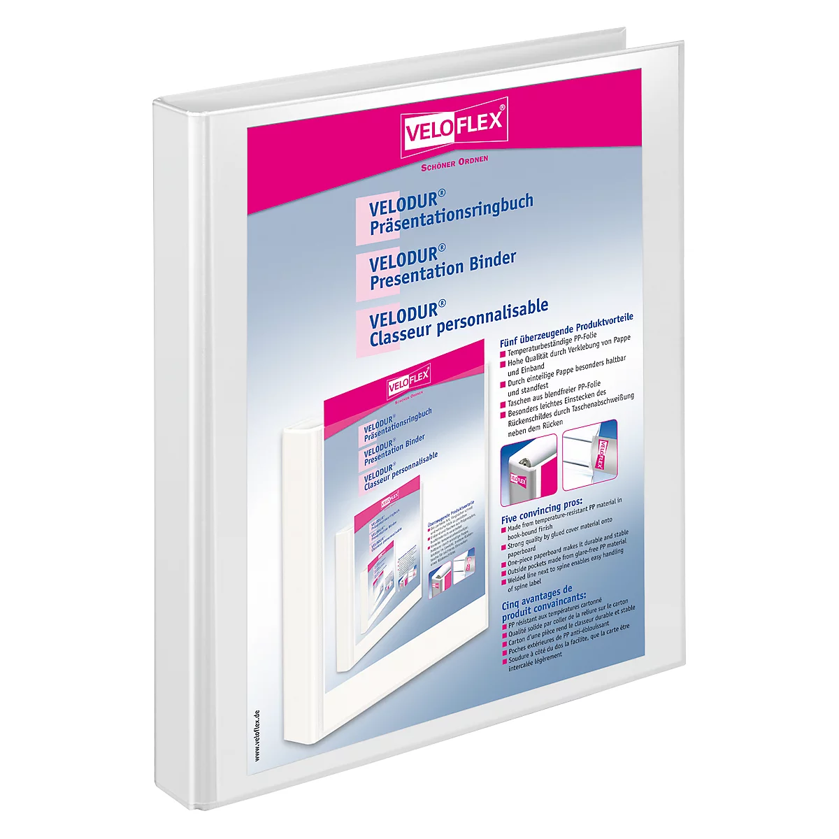 White binder, partially printed with product information. The lettering reads: VELODUR Presentation Binder.