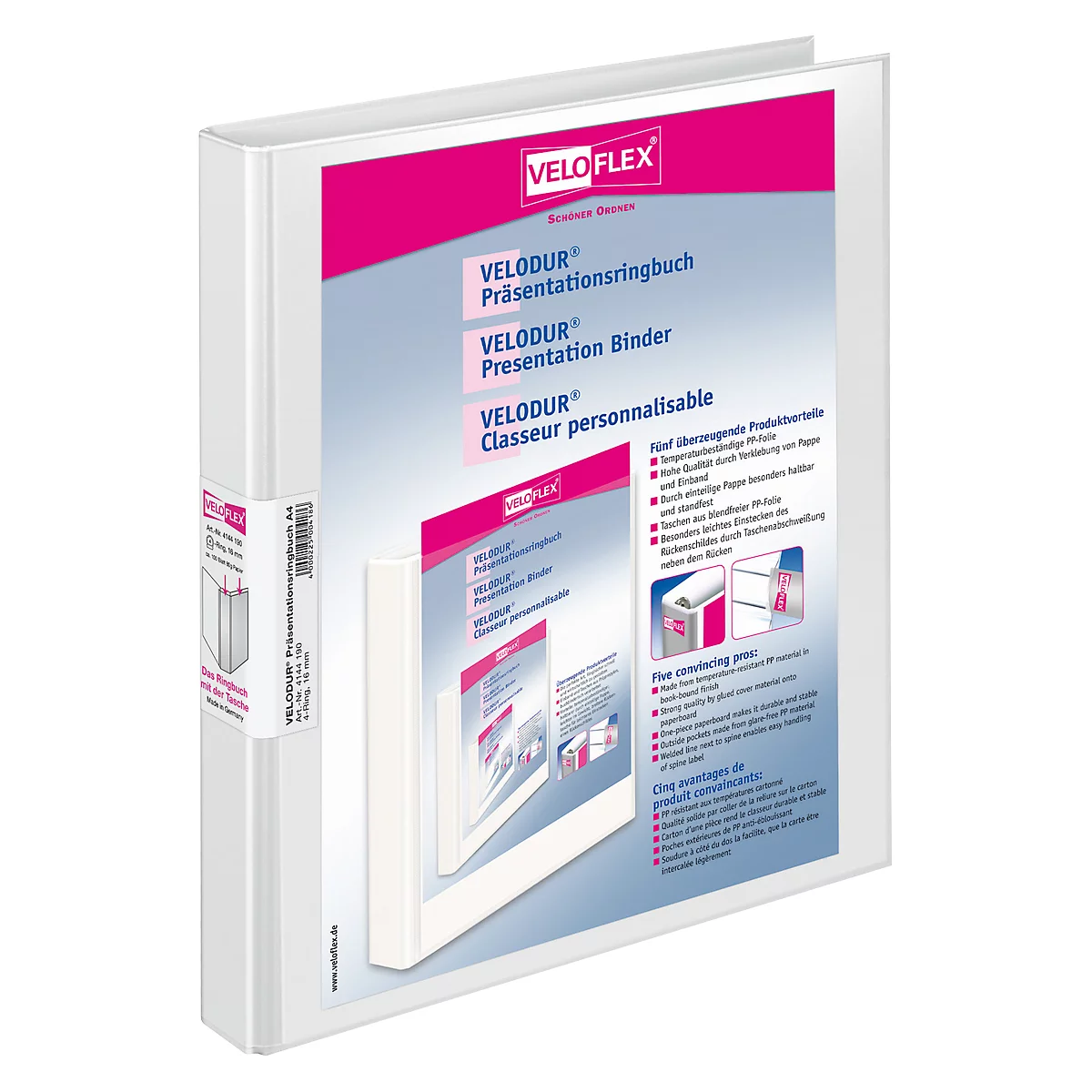 White ring binder with pink accents, product print, Velodur, Presentation Binder.