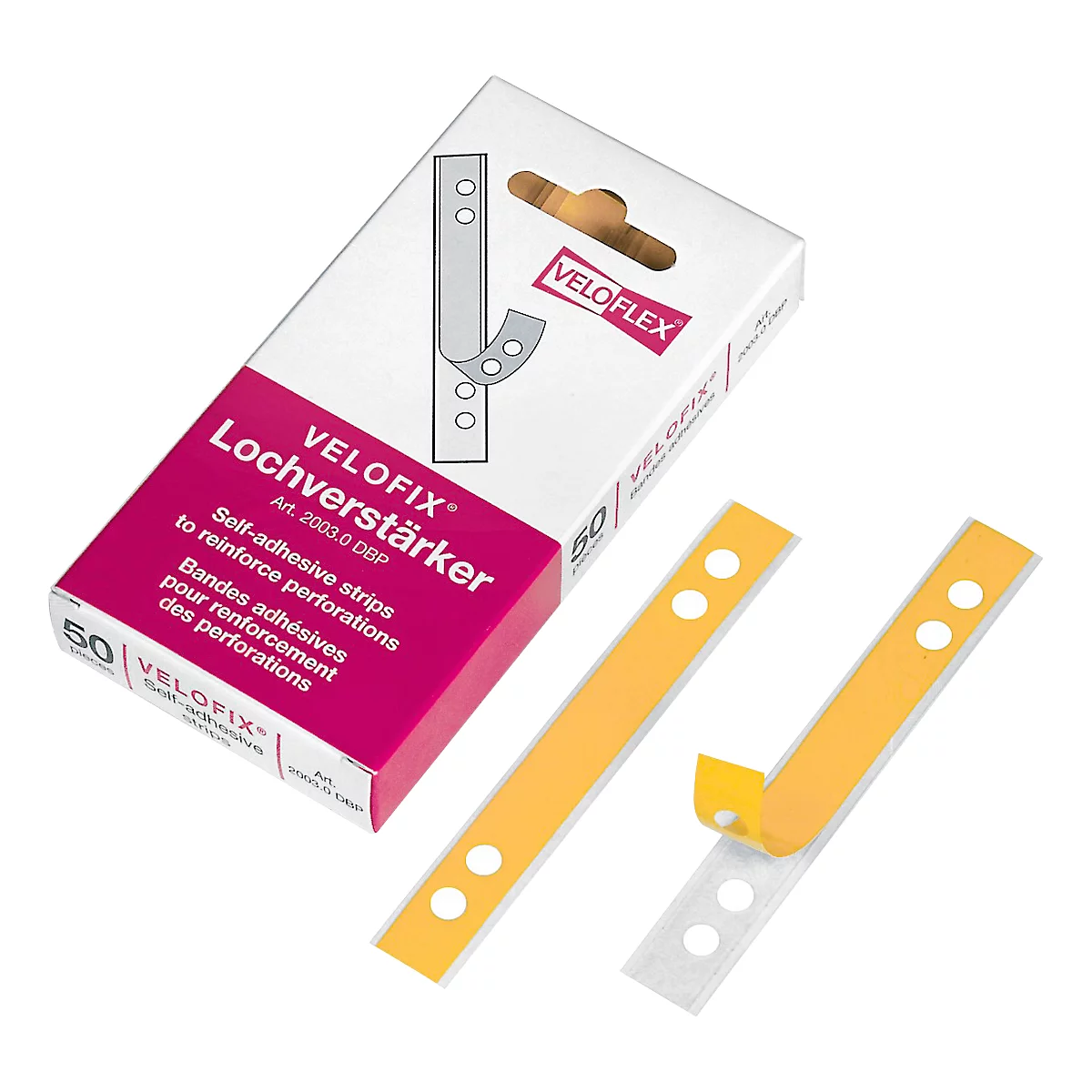 Product image of hole reinforcers in a package and individually, yellow and white. The package says "Lochverstärker" and "VELOFIX".