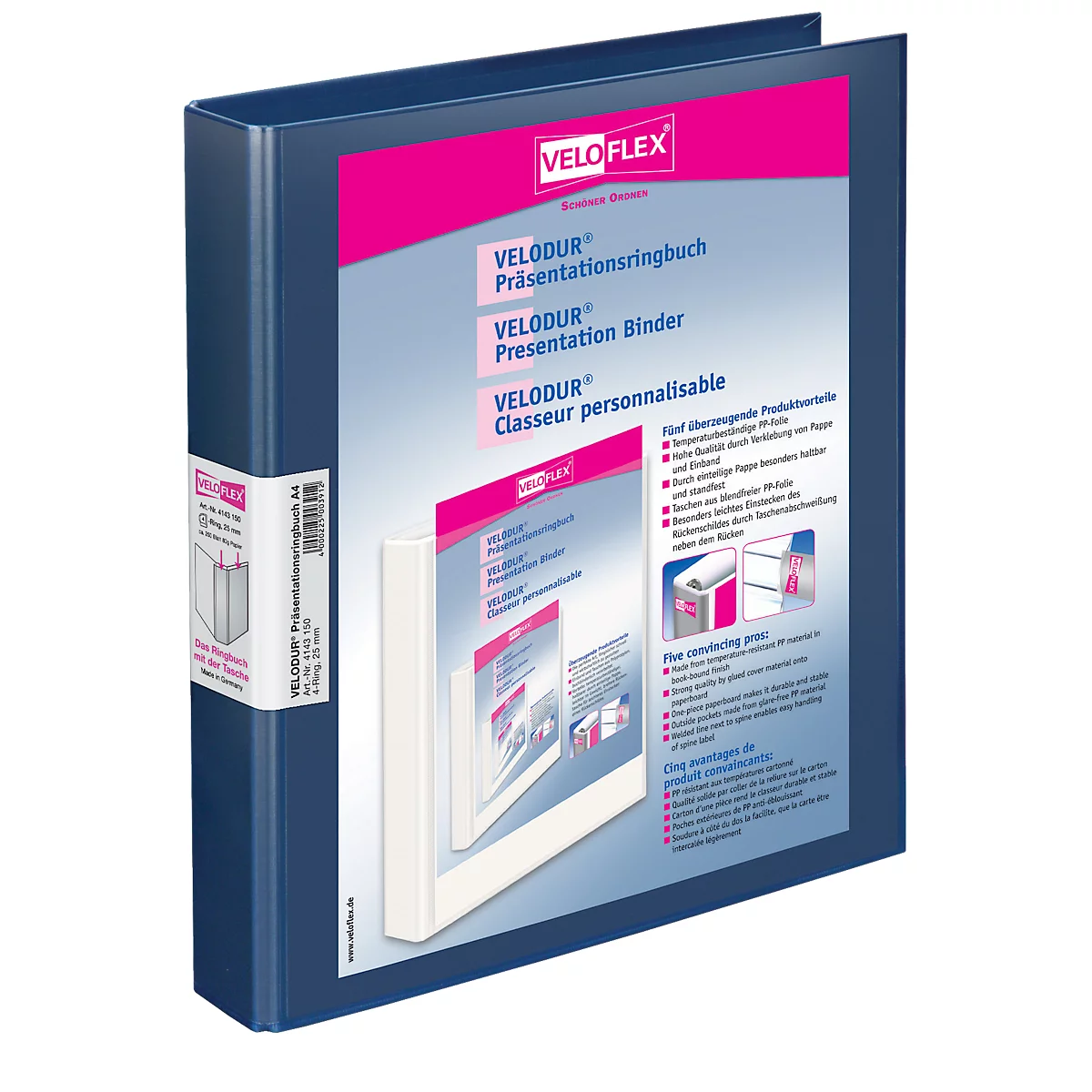 Blue binder with white lettering: "VELODUR", presentation ring binder. The paper shows illustrations.