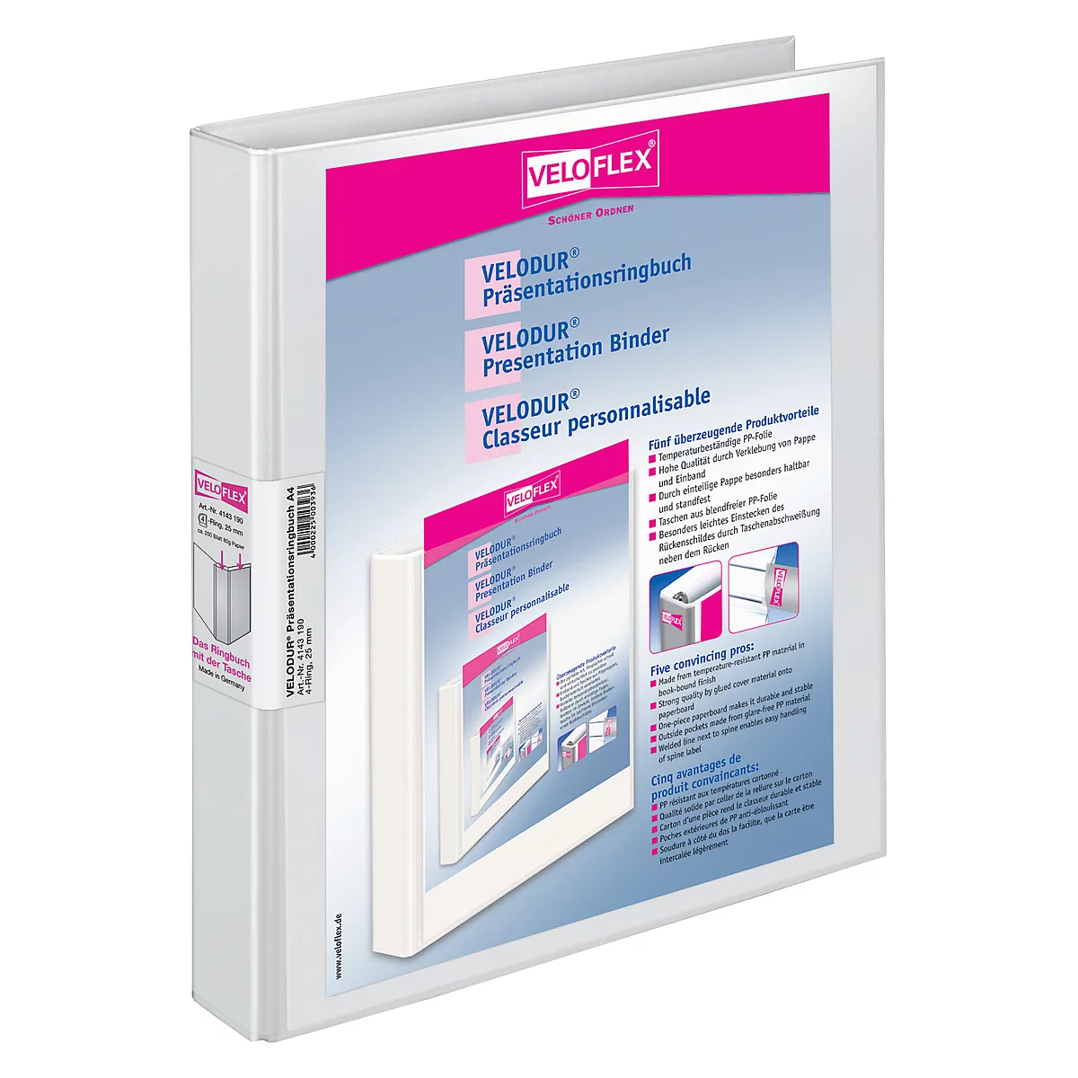 White ring binder with pink logo and lettering. Text: VELODUR Presentation Binder.