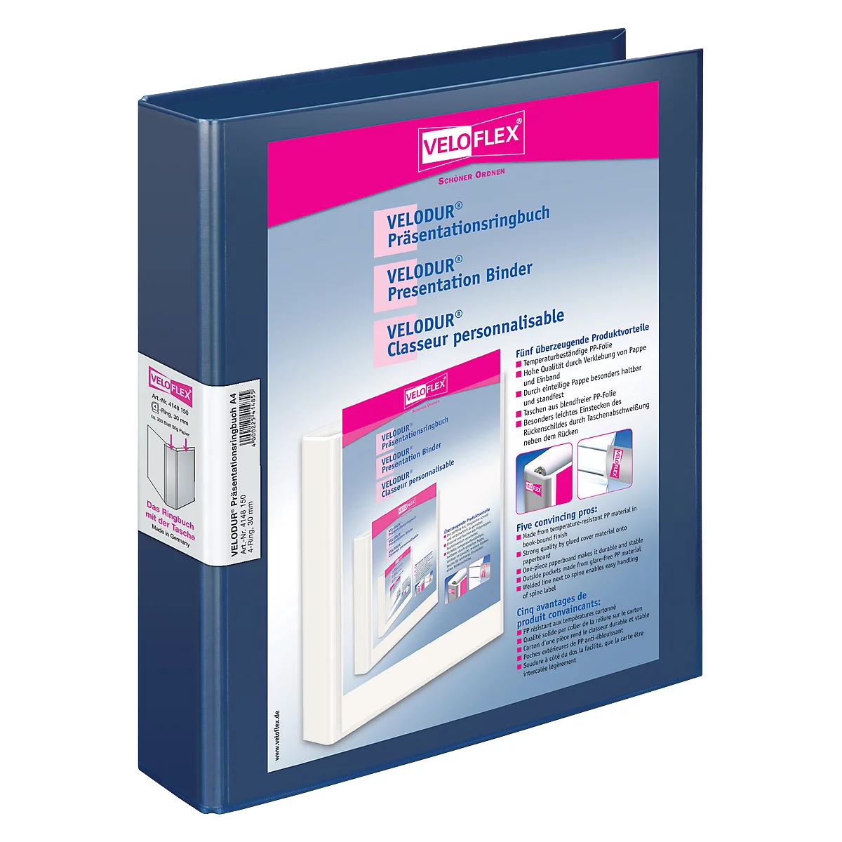 Blue binder with white inner part and prints. Logo and product name are visible.