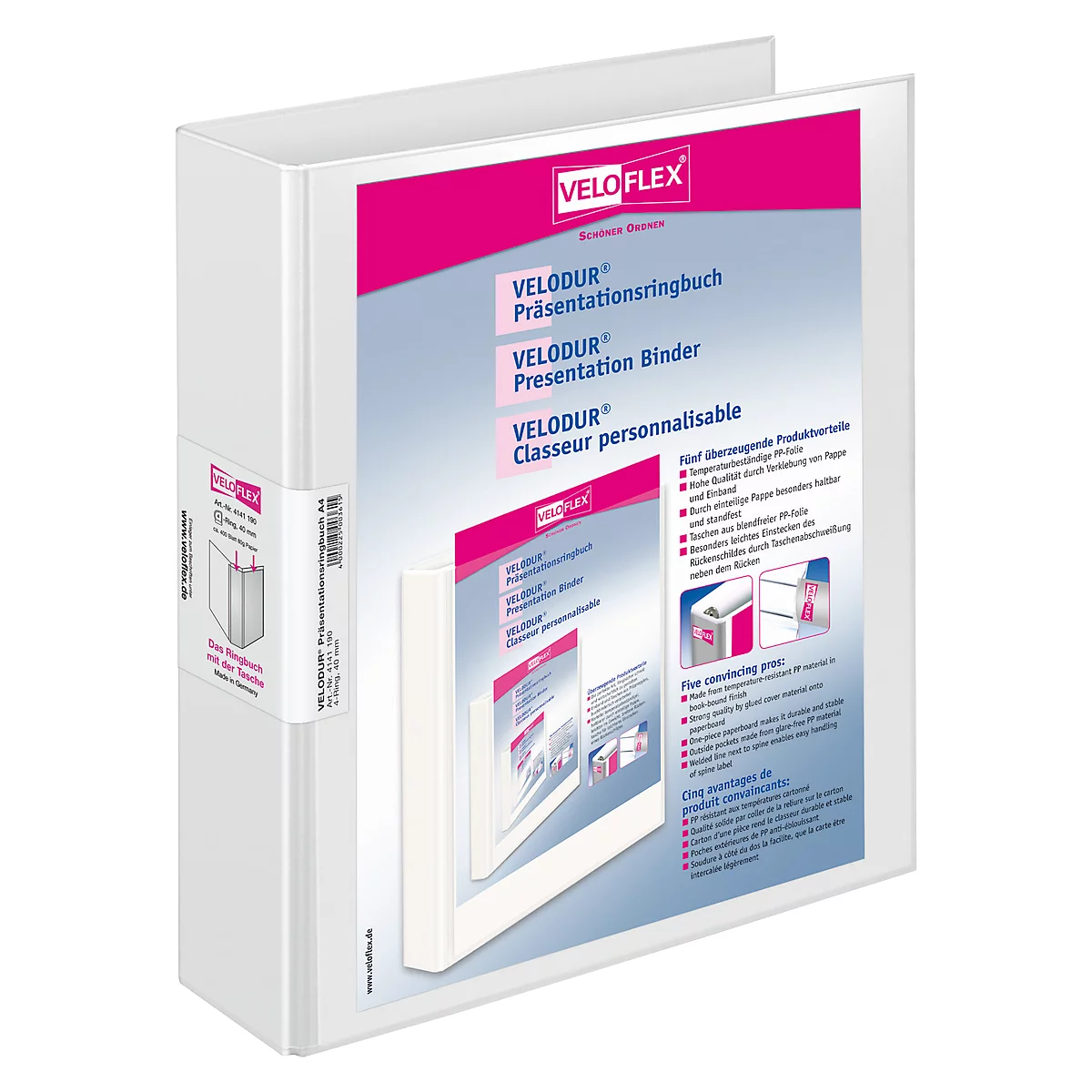 White VELODUR presentation binder with pink accents. Front with product information, technical drawings on the right. Sticker with logo on the side.