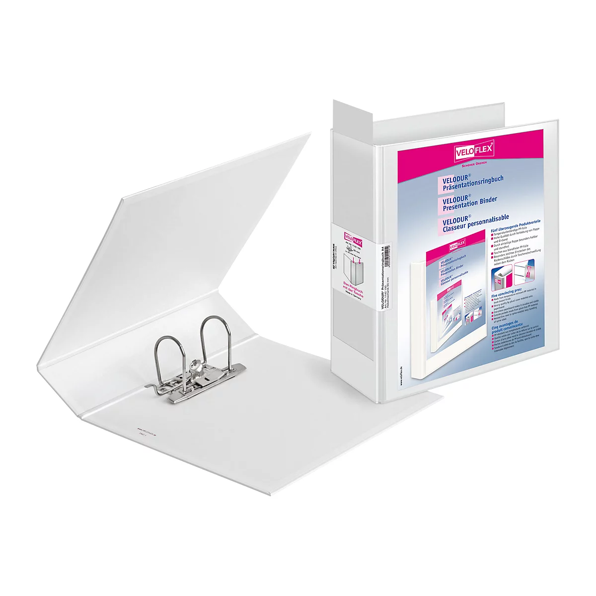 White binder, open, ring mechanism visible. Next to it, a closed binder with a pink logo.