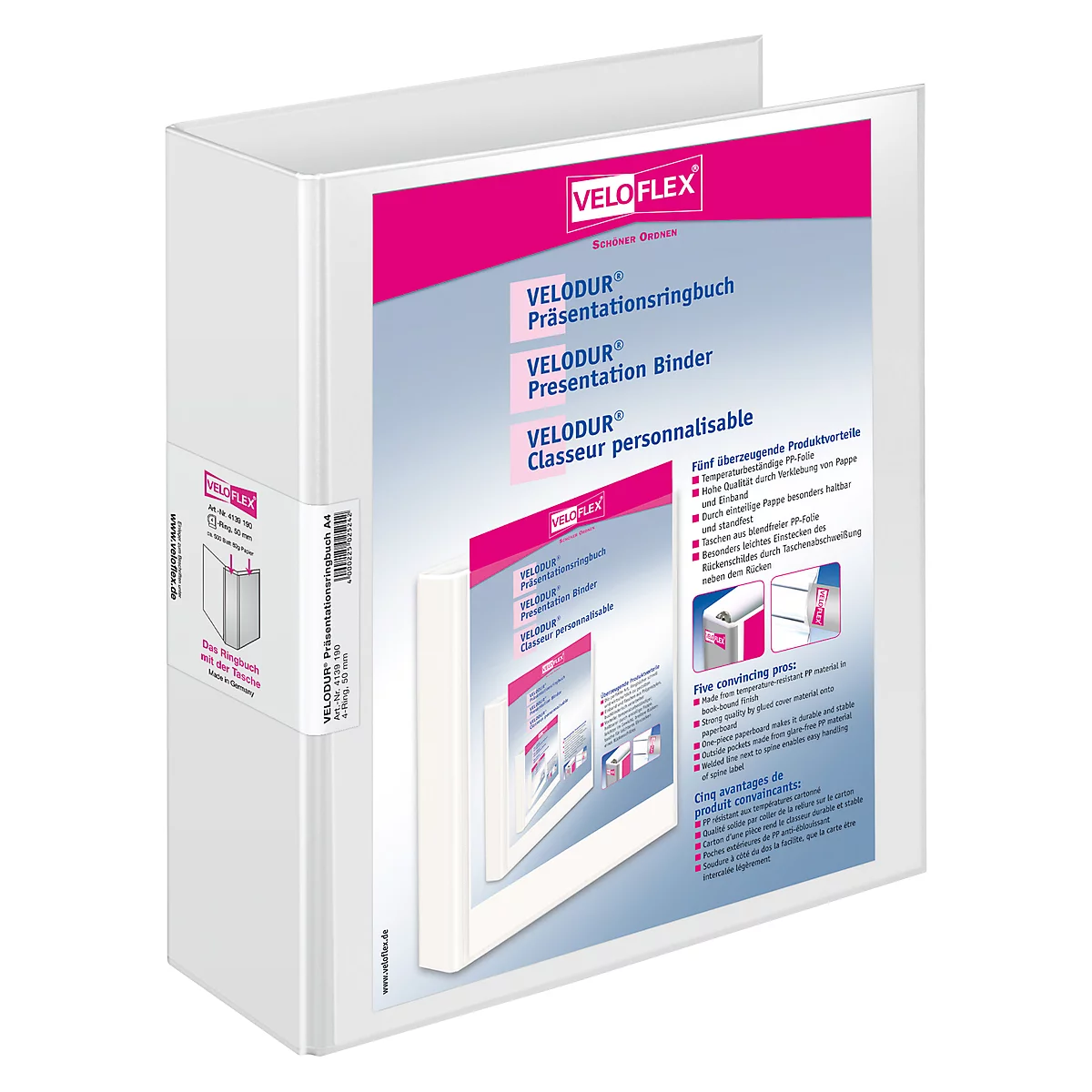 White binder with pink VELODUR lettering. On the front page there is another picture of the binder. Several texts can be seen on the cover.