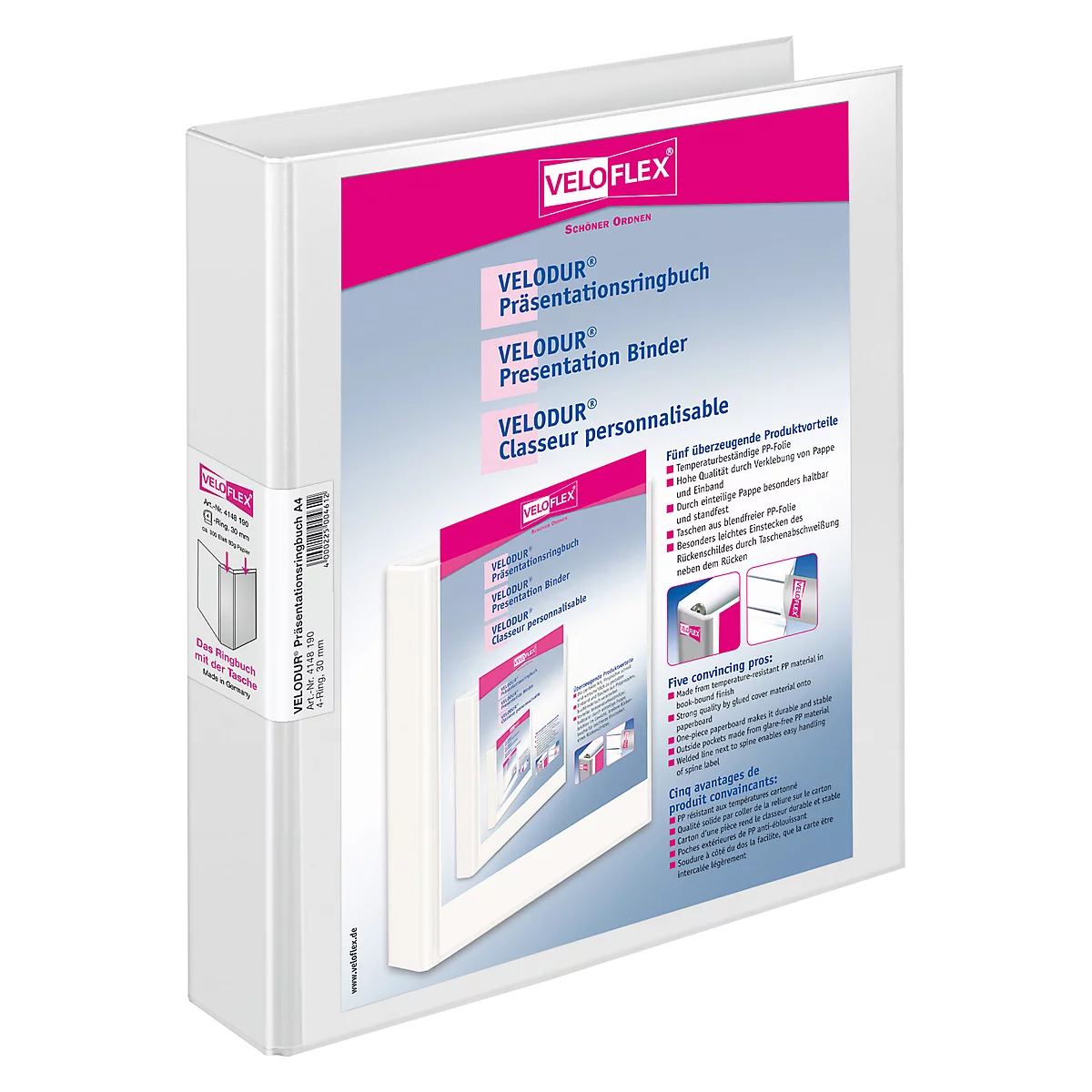 Een witte presentatie map met roze accenten. Het boek heeft het "VELODUR" logo en tekst in het Duits, Engels en Frans.