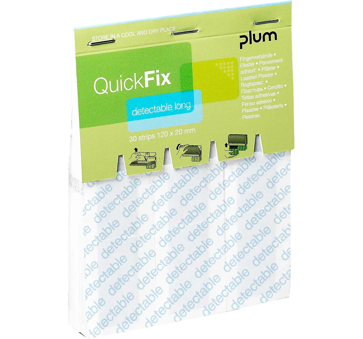Vendas para dedos QuickFix Detectable Long, paquete de recambio con dispensador, con superficie metálica, 6 x 30 piezas