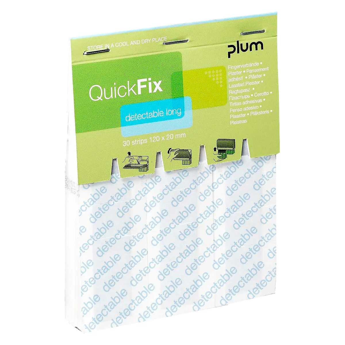 Vendas para dedos QuickFix Detectable Long, paquete de recambio con dispensador, con superficie metálica, 6 x 30 piezas