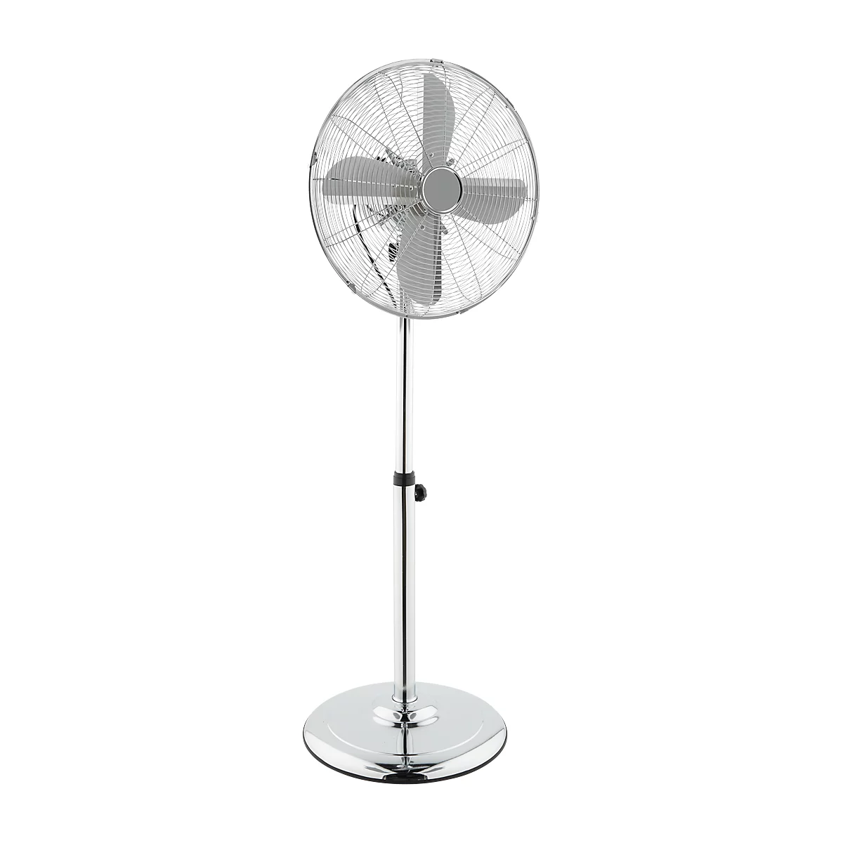 Ventilador de pie cromado, Ø 400 mm, altura ajustable 1040-1350 mm, 3 velocidades, rodetes metálicos