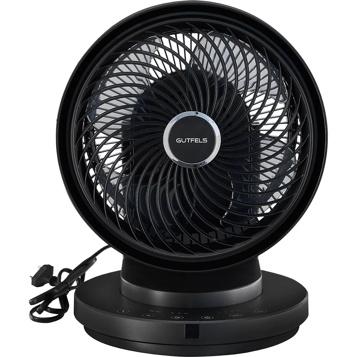 Un ventilateur noir avec le logo 'GUTFELS'. Le ventilateur a un design rond et repose sur une base.