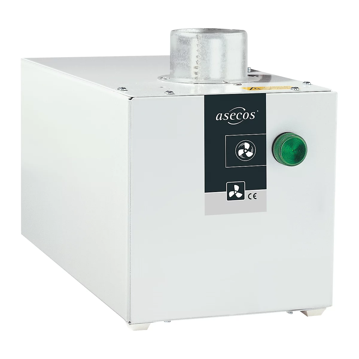 A white cube with a green button, an exhaust pipe and the asecos logo.