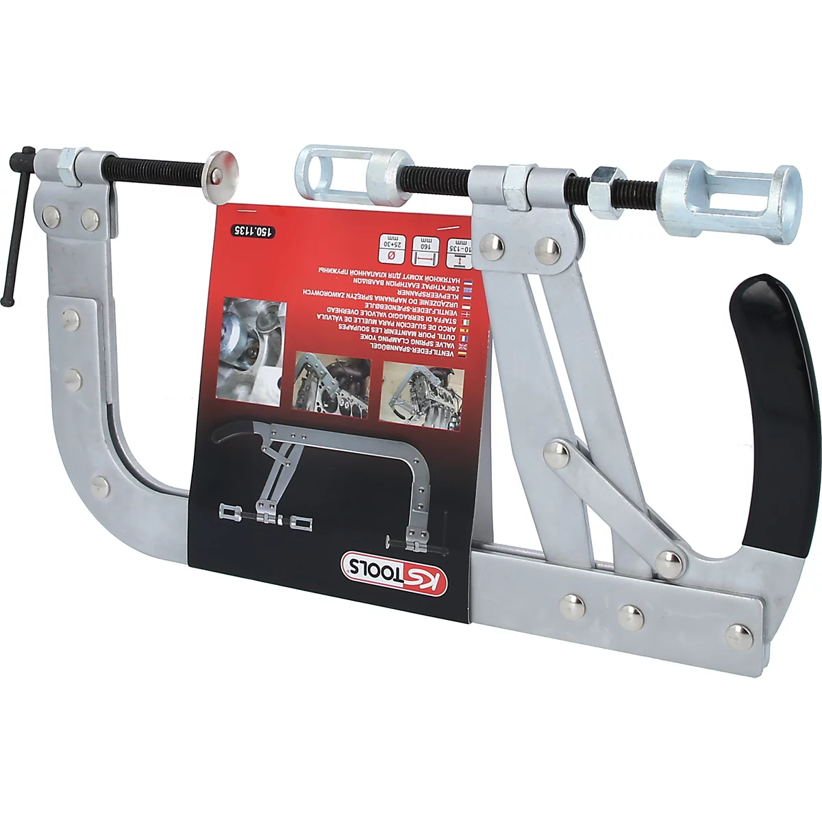 Eine silberfarbene Ventilfederspanner mit schwarzem Griff und roter Karte.
