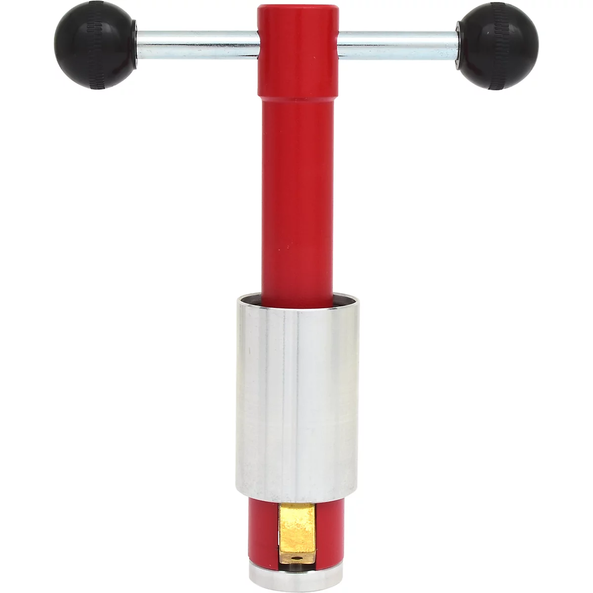 Rotes Werkzeug mit silbernem Aufsatz, schwarzer Kugelgriff. Metallischer Gegenstand.