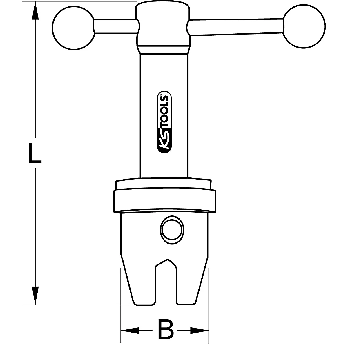 Schwarz-weiß-Zeichnung eines Werkzeugs. Oben zwei kugelförmige Griffe, mittig ein Logo von KS TOOLS. Unterhalb ein Gabelkopf, Maße 'L' und 'B'.