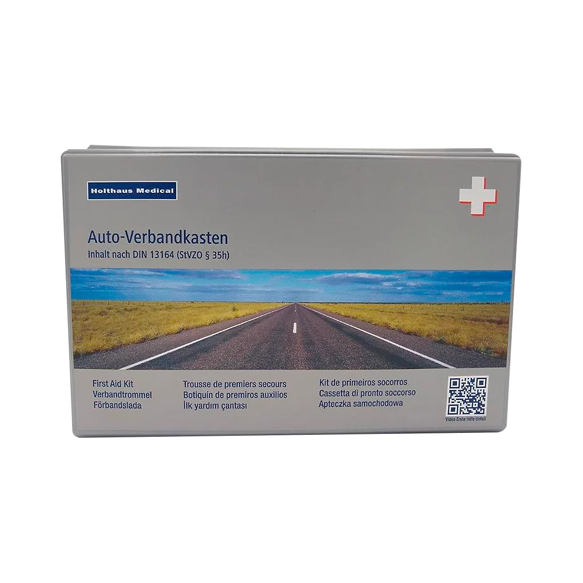 Grijze Holthaus Medical auto-verbanddoos met landschapsafbeelding en wit kruis op rode achtergrond.