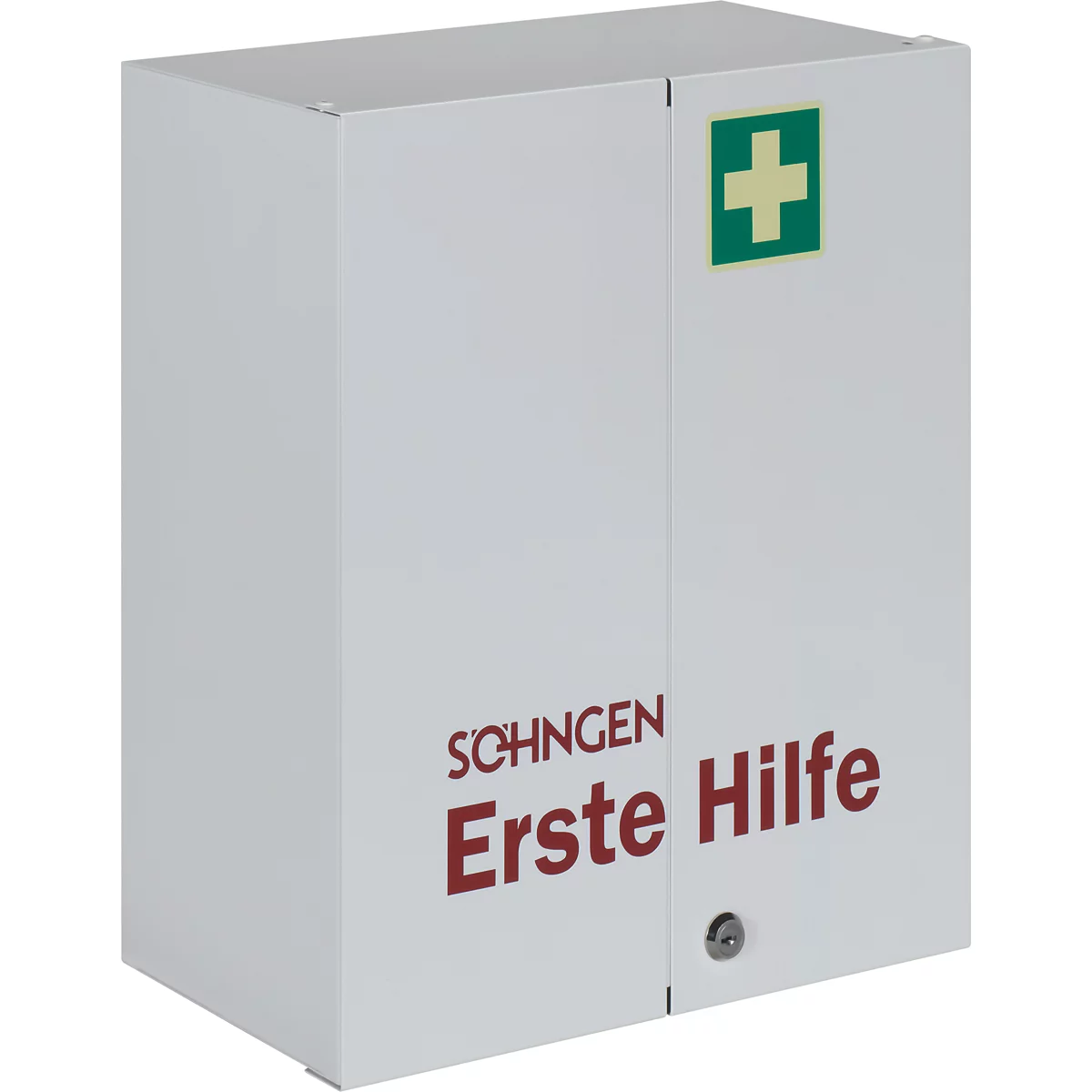 Verbandschrank ROM, DIN 13169, 2-türig, abschließbar, 2 Böden, 2 Schübe, 6 Ablageschalen & 2 Schlüssel, befüllt, Stahlbl.