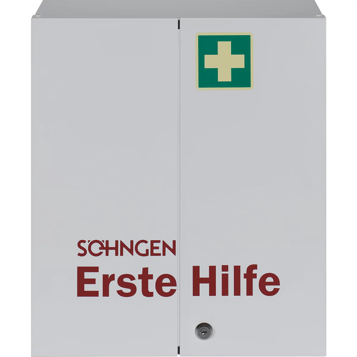 Verbandschrank ROM, DIN 13169, 2-türig, abschließbar, 2 Böden, 2 Schübe, 6 Ablageschalen & 2 Schlüssel, befüllt, Stahlbl.