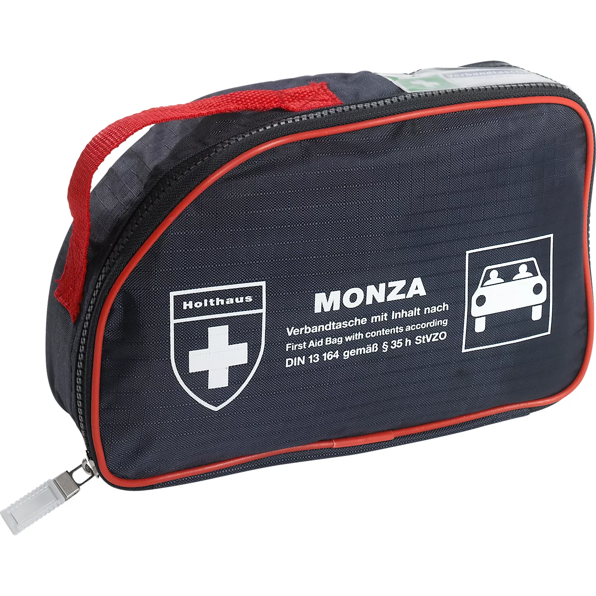 Dunkelblaue Erste-Hilfe-Tasche mit rotem Griff und Reißverschluss, weißes Kreuz und Aufdruck.
