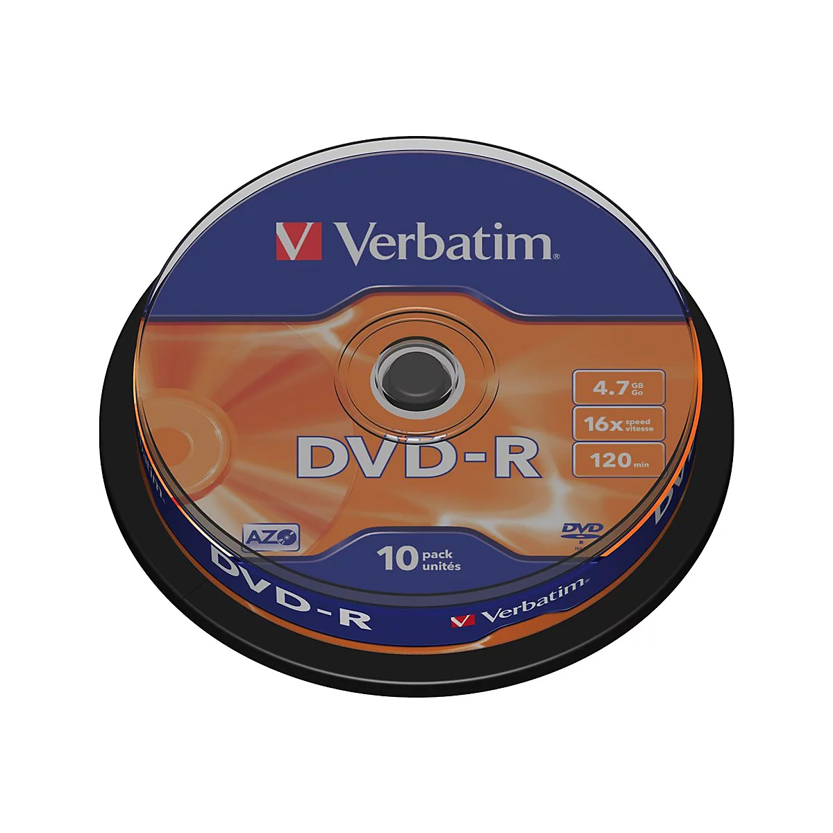 Nahaufnahme eines DVD-R-Pakets mit dem Verbatim-Logo, mit Spezifikationen wie 4,7 GB, 16x und 120 Minuten.
