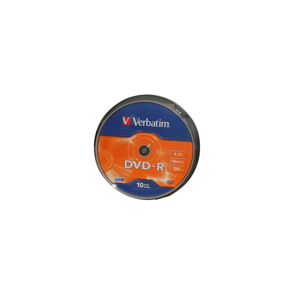 DVD-R von Verbatim in einer transparenten HÃ¼lle. Auf der DVD stehen Angaben wie 4.7, 16x und 120.