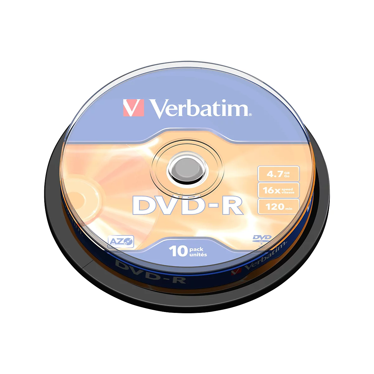 Stapel von DVD-Rs der Marke Verbatim. Blaue OberflÃ¤che, Beschriftung: DVD-R, 4.7GB, 16x, 120 Min, 10 StÃ¼ck.