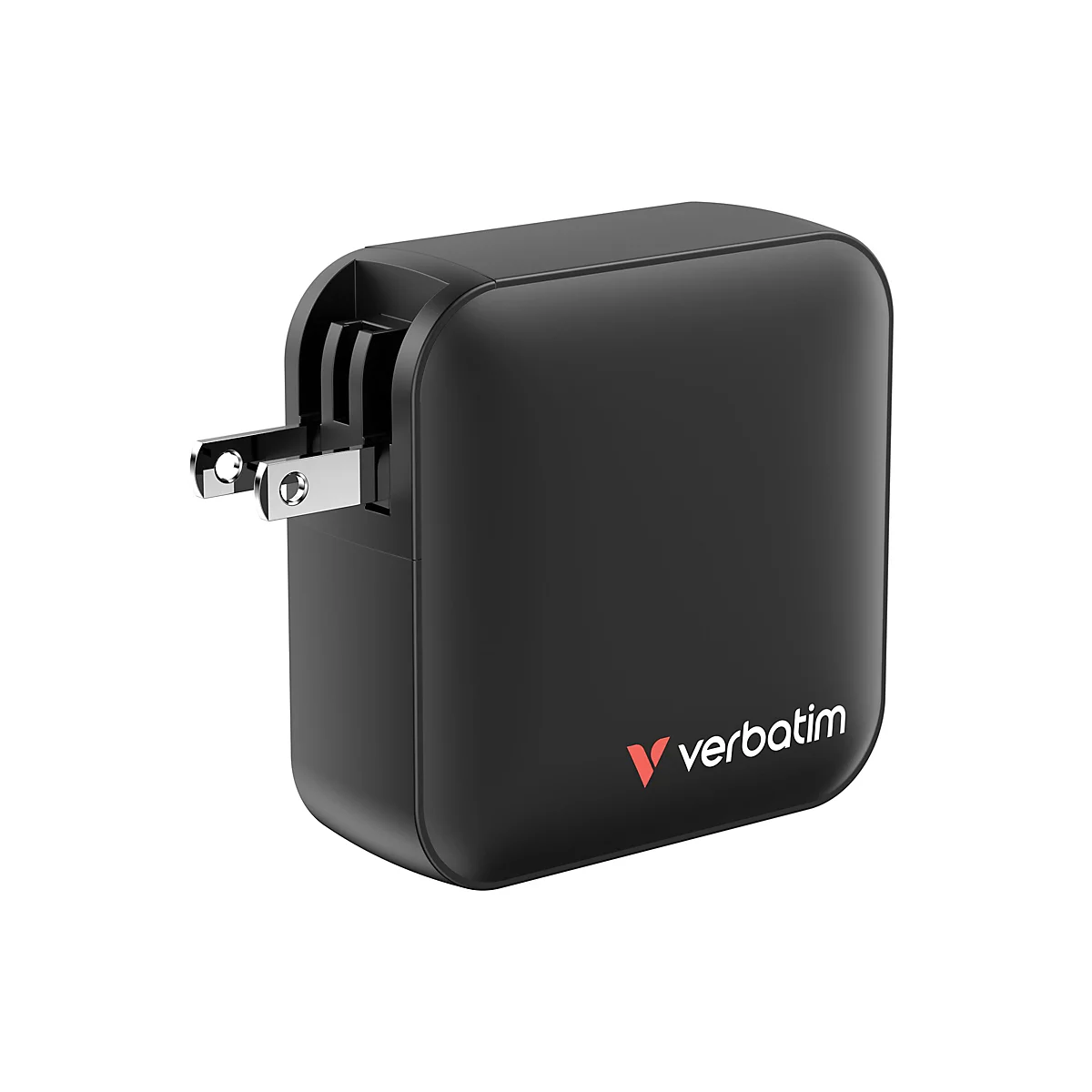 Chargeur noir avec fiches. Le logo "verbatim" est visible sur la surface.
