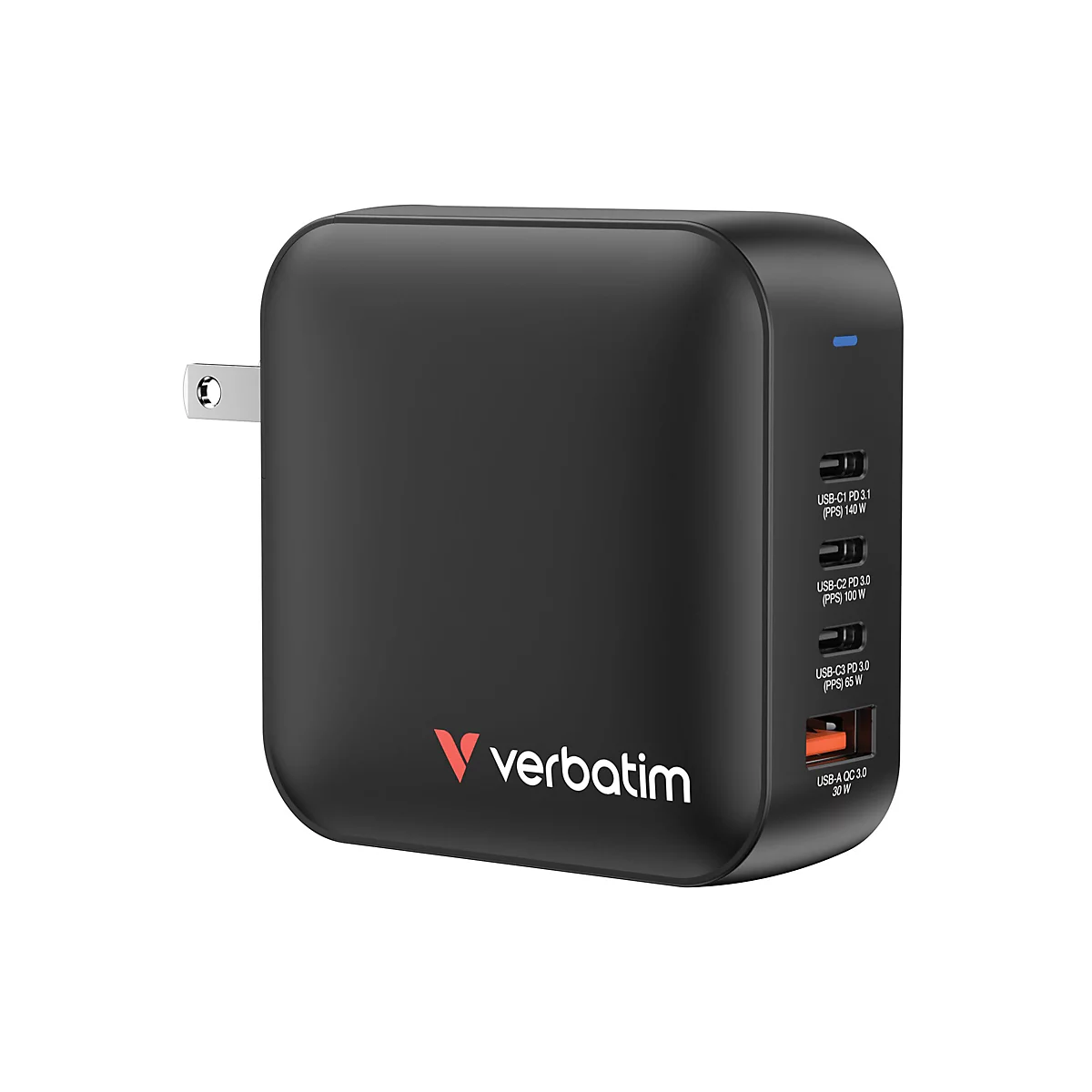 Chargeur noir Verbatim avec plusieurs ports USB. La prise est visible.