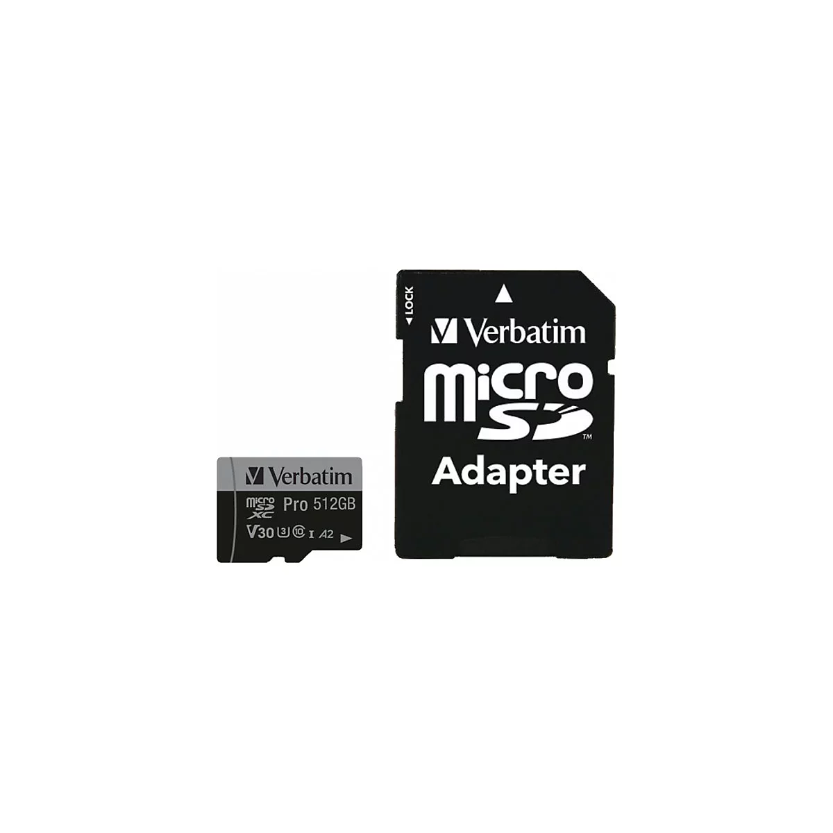 Une carte Micro SD noire et un adaptateur de Verbatim, placés côte à côte. L'adaptateur porte l'inscription "Micro SD Adapter". La carte contient des informations telles que "512 Go" et "V30".