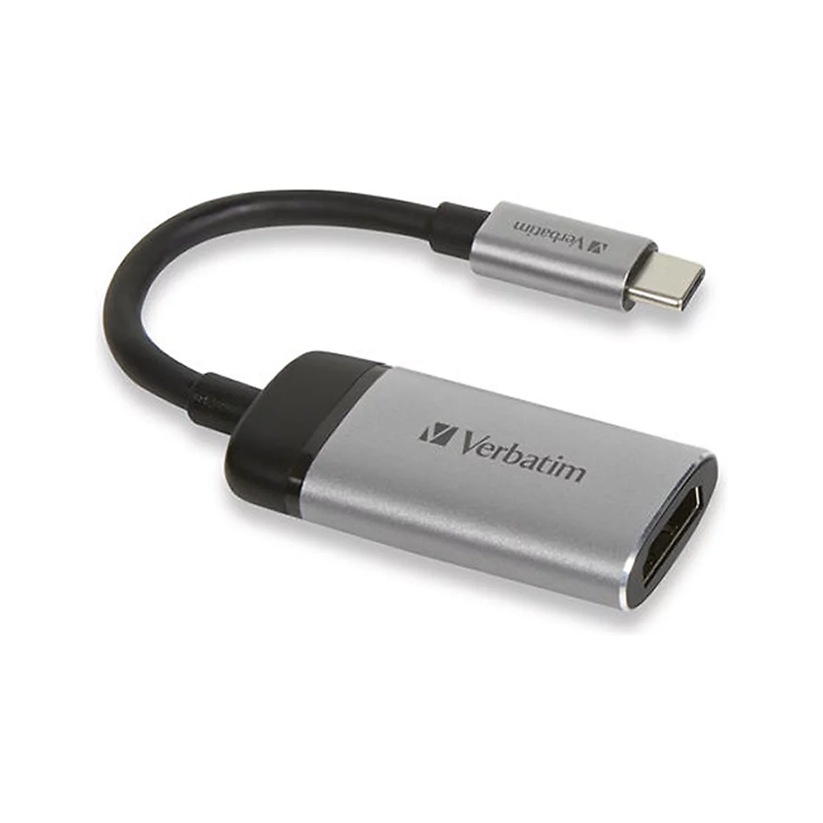 Un adaptateur USB-C vers HDMI Verbatim gris, relié par un câble noir.