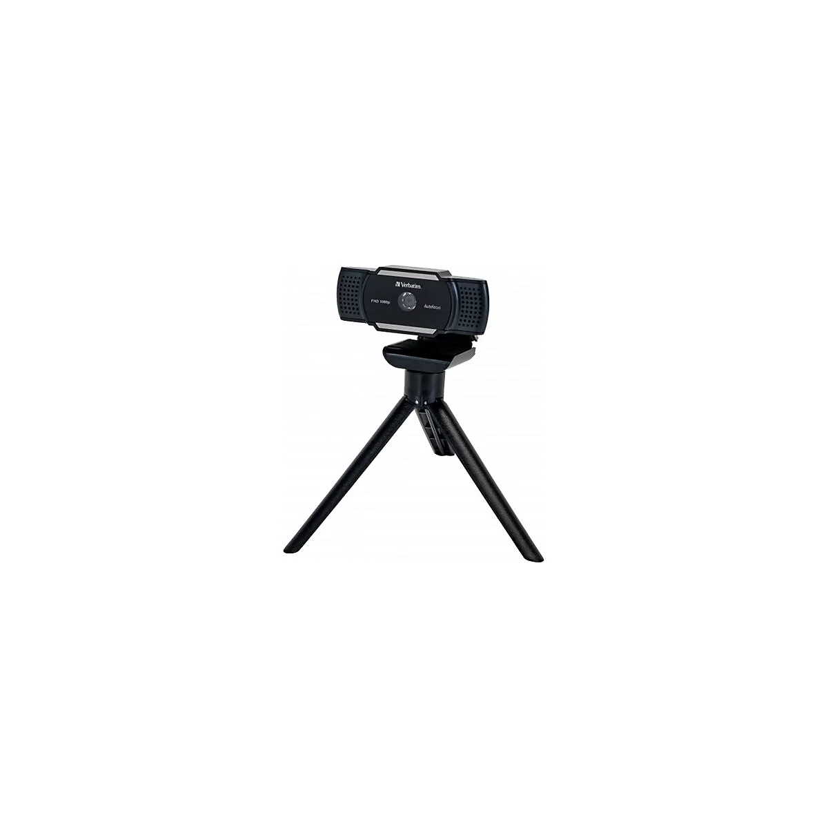 Schwarze Webcam mit Dreibeinstativ auf weiÃŸem Hintergrund. Auf der Webcam steht Verbatim.