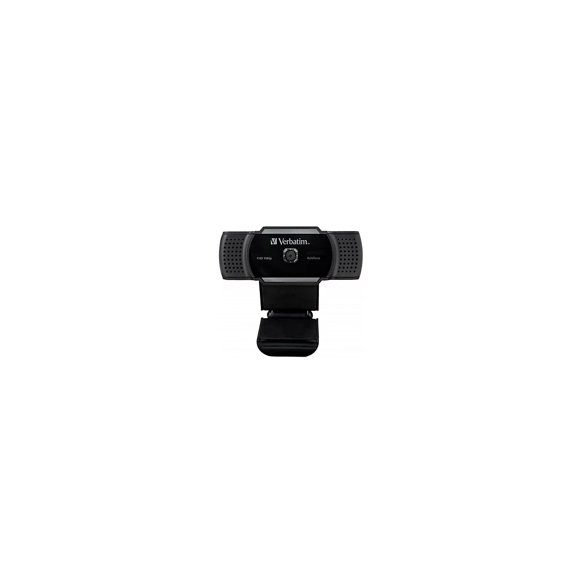 Schwarze Webcam mit Verbatim-Logo, Autofokus und FHD 1080p. Mit Halterung.