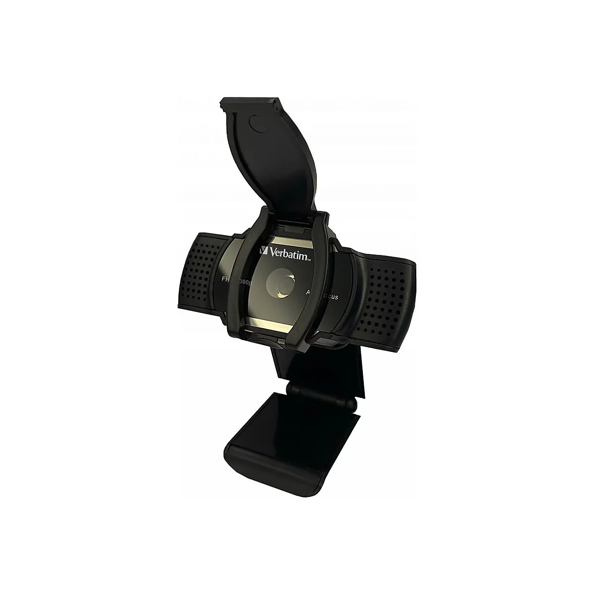 Schwarze Webcam mit Objektiv, Markenzeichen 'Verbatim' und Deckel.