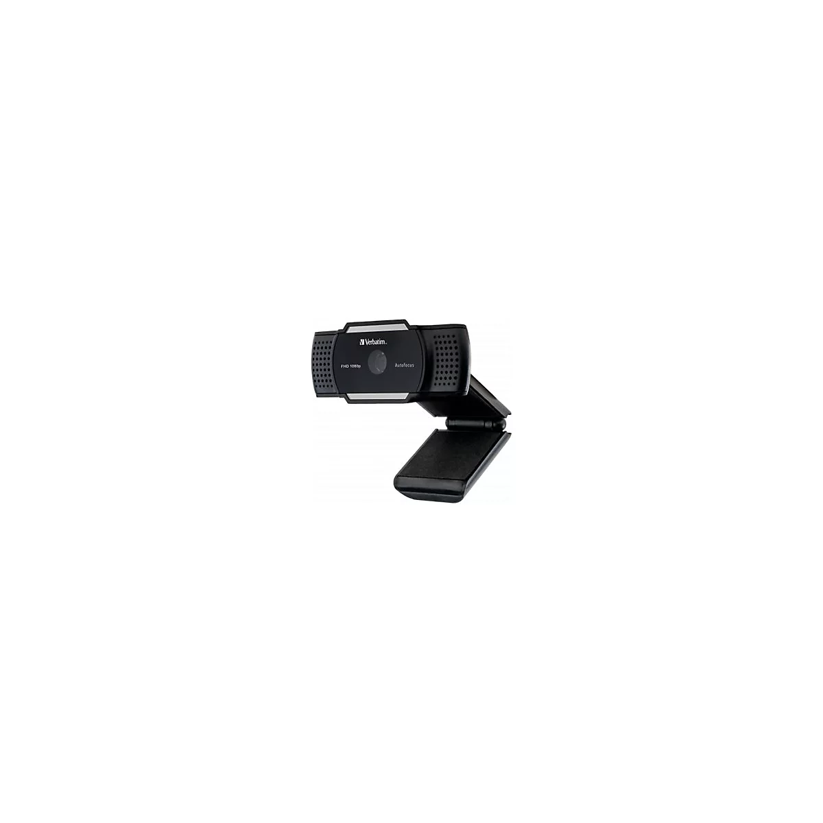 Schwarze Webcam mit Autofokus. Aufschrift: 'Verbatim', 'FHD 1080p'. Mit verstellbarem StandfuÃŸ.