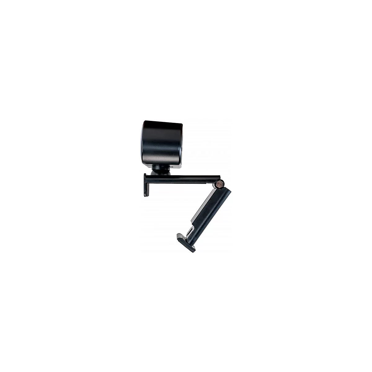 Schwarze Webcam mit verstellbarem Arm. Die Kamera ist an einem StÃ¤nder befestigt und vor weiÃŸem Hintergrund platziert.