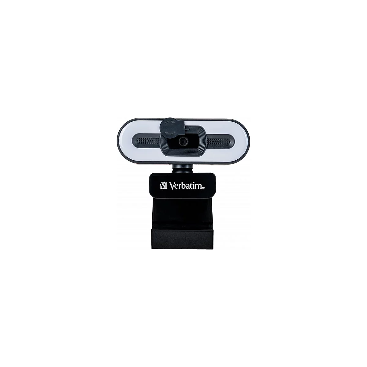 Webcam mit LED-Licht. Schwarzes GehÃ¤use, weiÃŸer Leuchtring, Verbatim Logo.