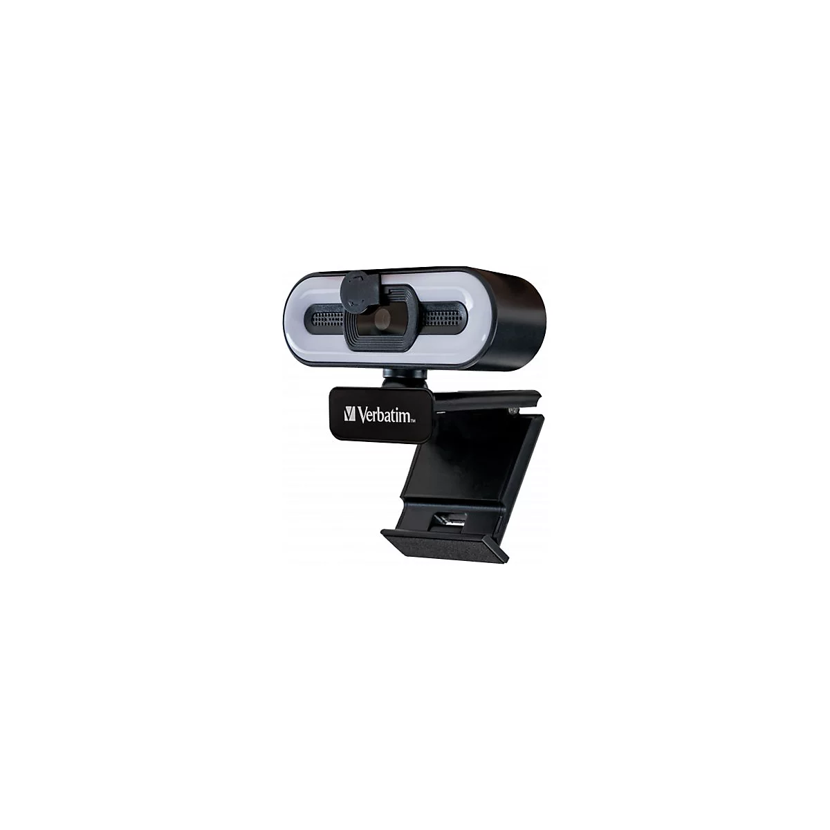 Schwarze Webcam mit weiÃŸem Licht und Verbatim-Logo.