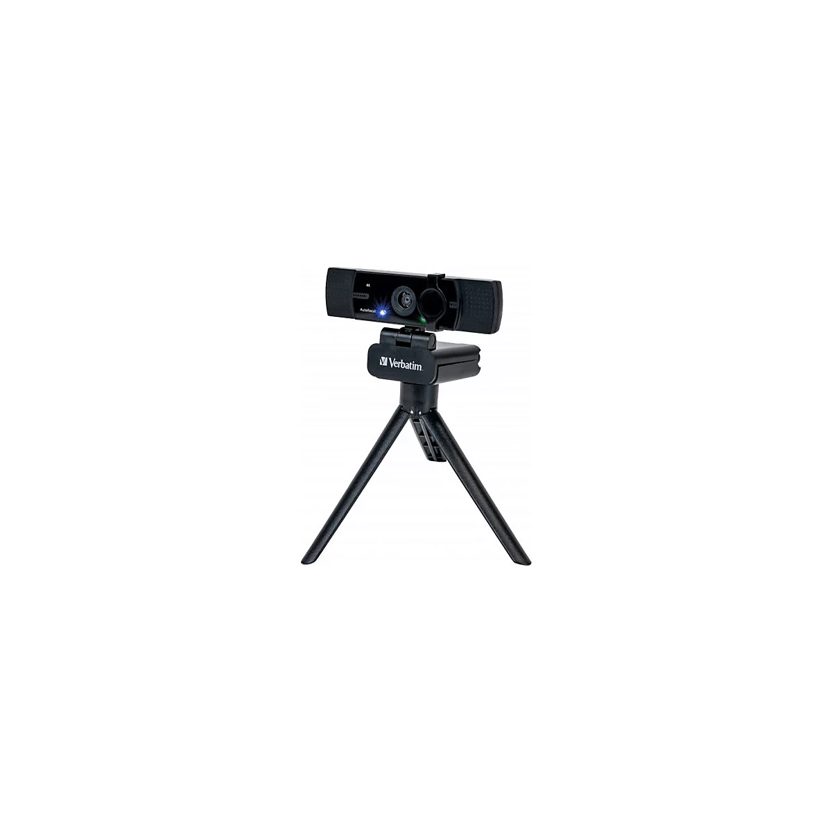 Schwarze Webcam mit Stativ. Auf der Halterung steht Verbatim.