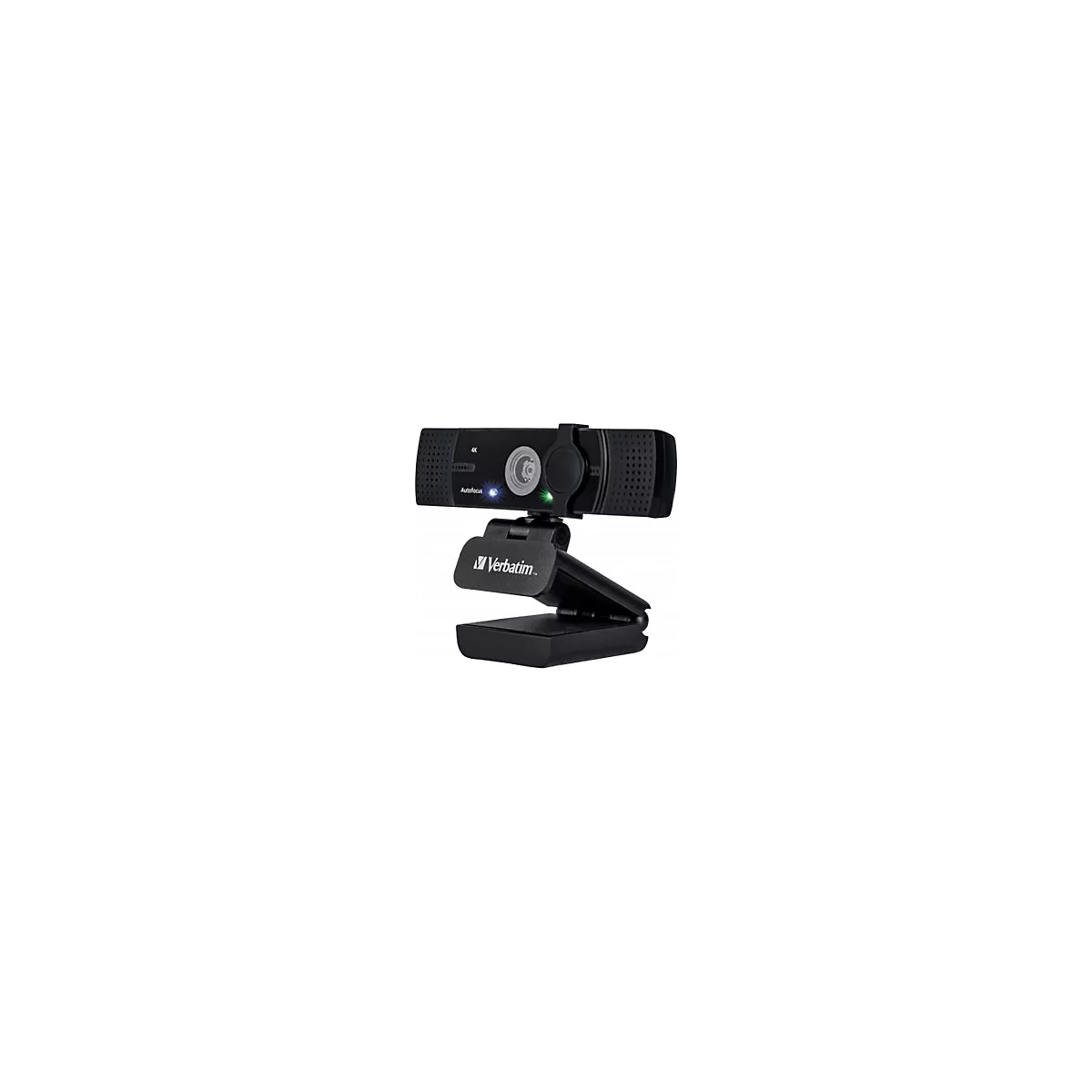 Schwarze Webcam mit Logo 'Verbatim', 4K-AuflÃ¶sung, Autofokus, grÃ¼n/blaue LEDs, Halterung.