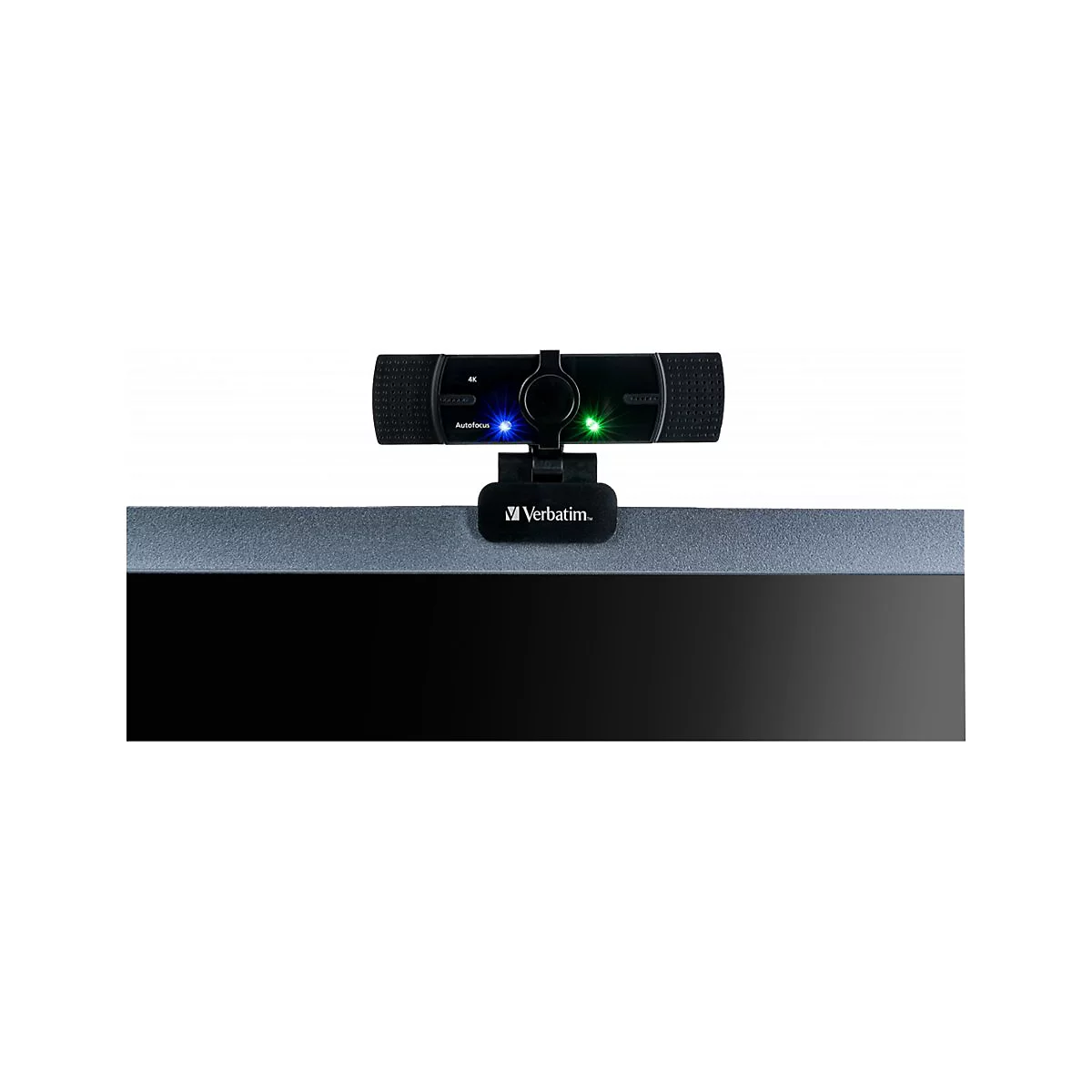 Schwarze Webcam, auf Monitor montiert, mit blauer und grÃ¼ner LED. Verbatim-Logo sichtbar.