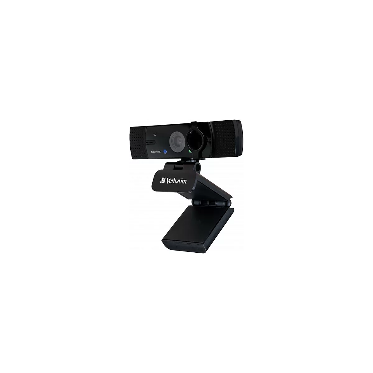 Schwarze Webcam mit Autofokus, montiert auf einem verstellbaren Halter. Verbatim-Logo. 4K-Aufnahme.