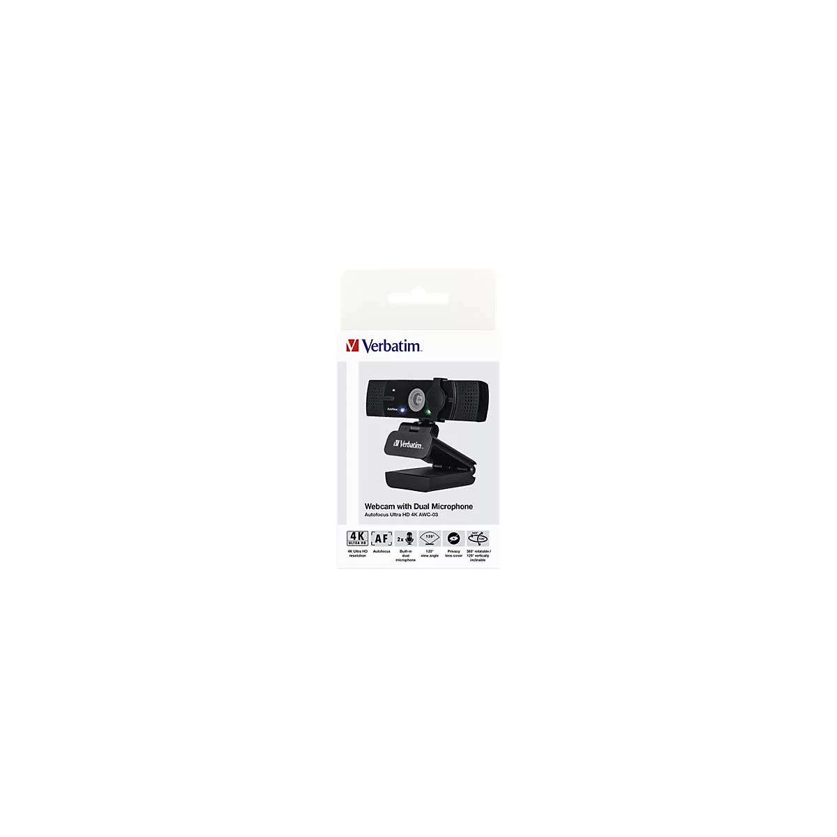 Webcam von Verbatim in OVP. Schwarze Kamera mit integriertem Mikrofon. Aufschrift: Webcam with Dual Microphone, 4K.