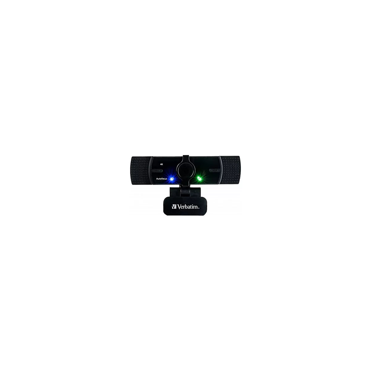 Schwarze Webcam von Verbatim mit blauer und grÃ¼ner LED-Anzeige.