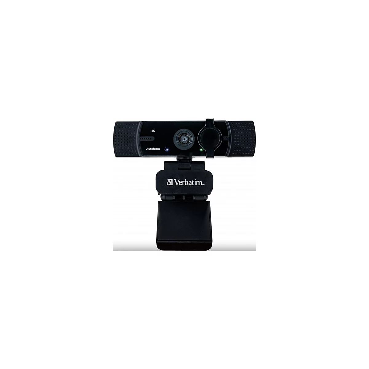 Schwarze Webcam mit der Aufschrift Verbatim. Auf der Webcam sind die WÃ¶rter 4K und Autofocus zu sehen.