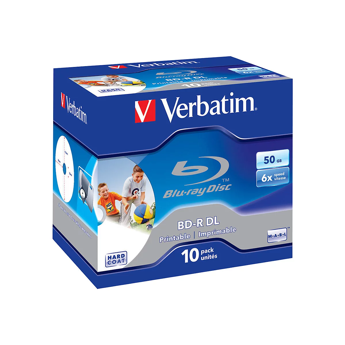 Verbatim Blu-ray Disc-Verpackung. Blaue Schachtel mit Logo, Produktangaben und Abbildung spielender Kinder.