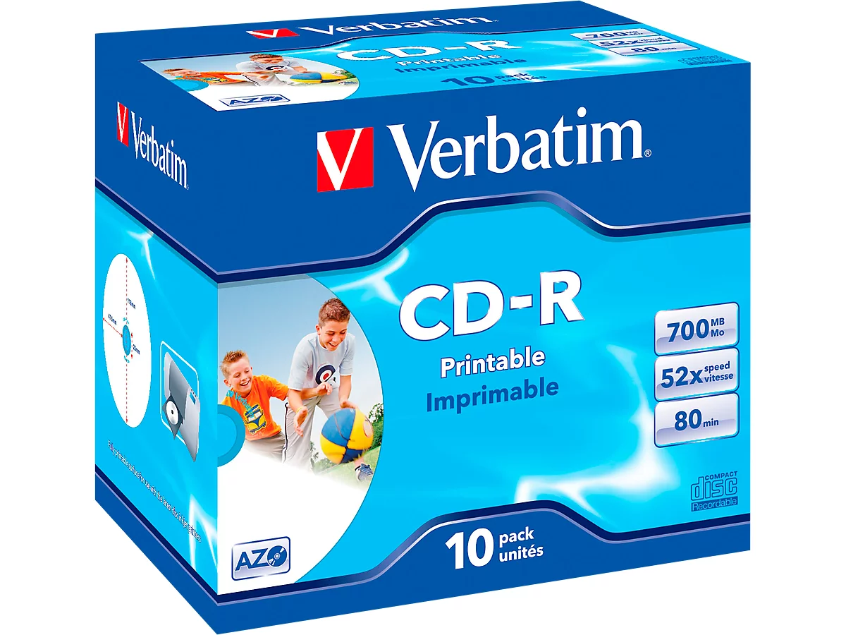 Verbatim CD-R Datalife plus printable, Kapazität 700 MB, bedruckbar, 10er Jewel Case