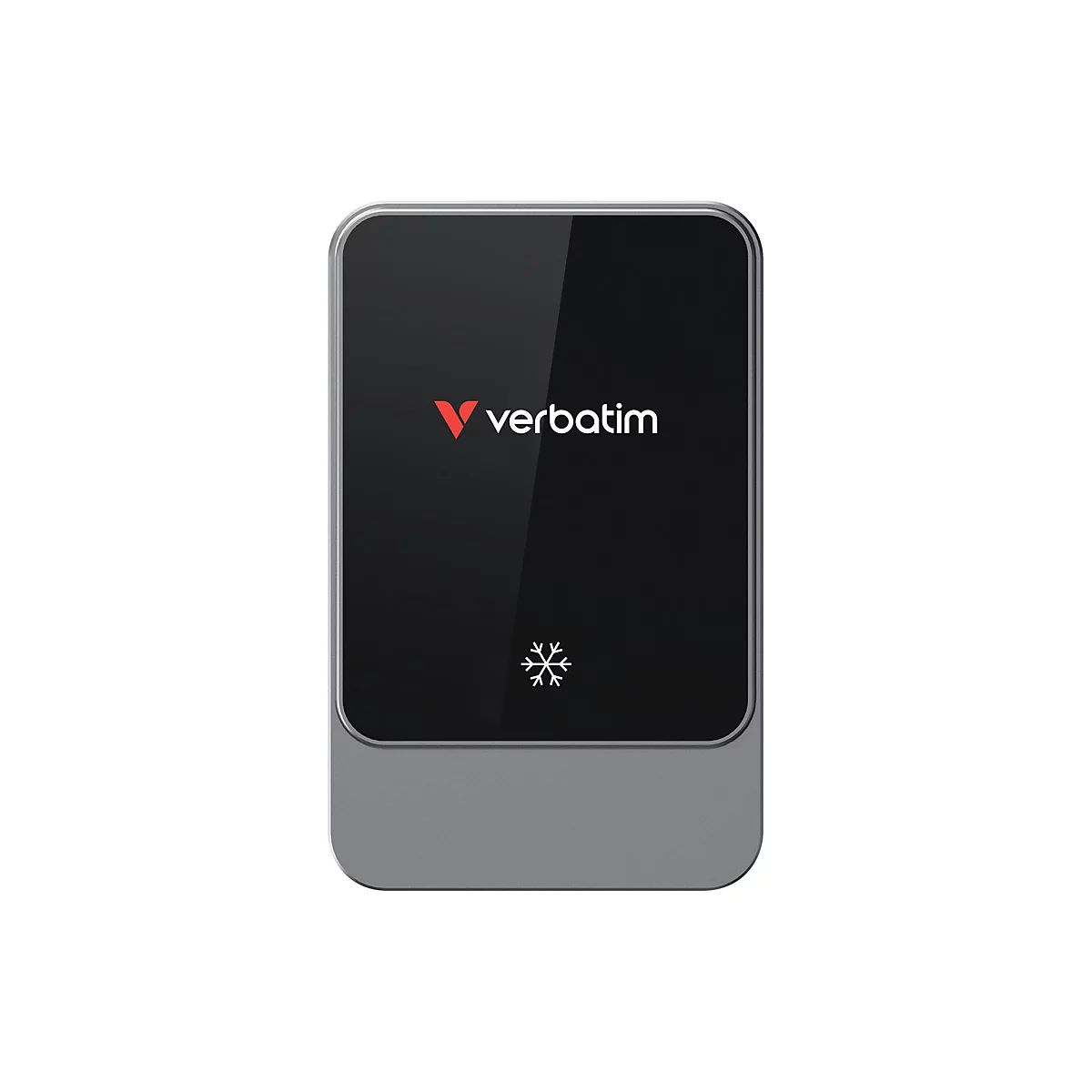 Schwarze, rechteckige Verbatim externe SSD mit grauem Gehäuse und weißem Schneeflocken-Symbol.