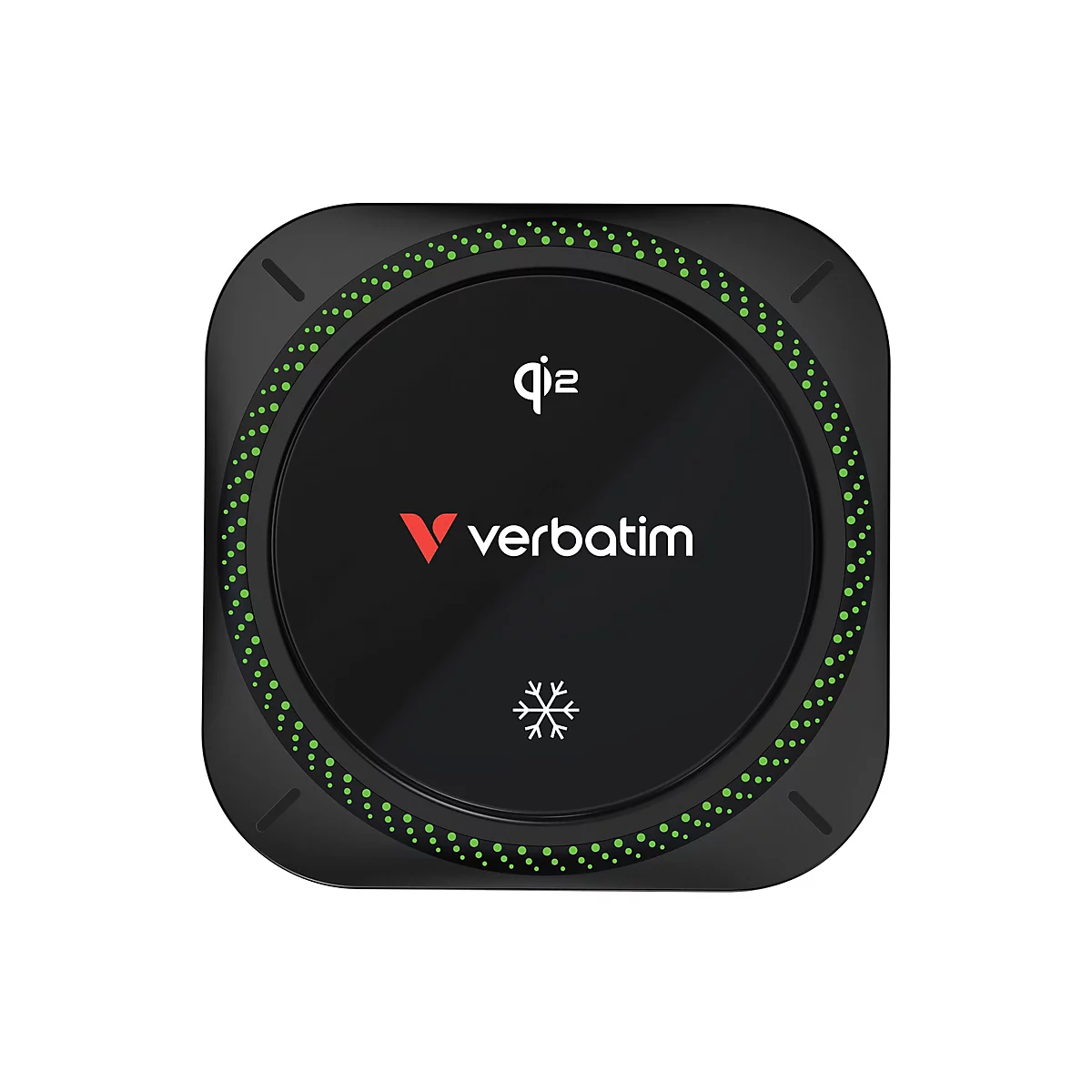 Drahtlose Ladestation in Schwarz mit grünen Punkten und dem Logo von Verbatim.