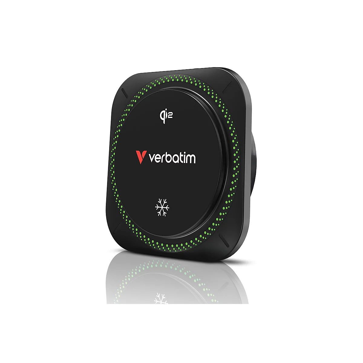 Schwarzes Verbatim-Gerät, kreisförmig, mit Logo und grünen Punkten. Ein Schneeflocken-Symbol ist ebenfalls zu sehen.