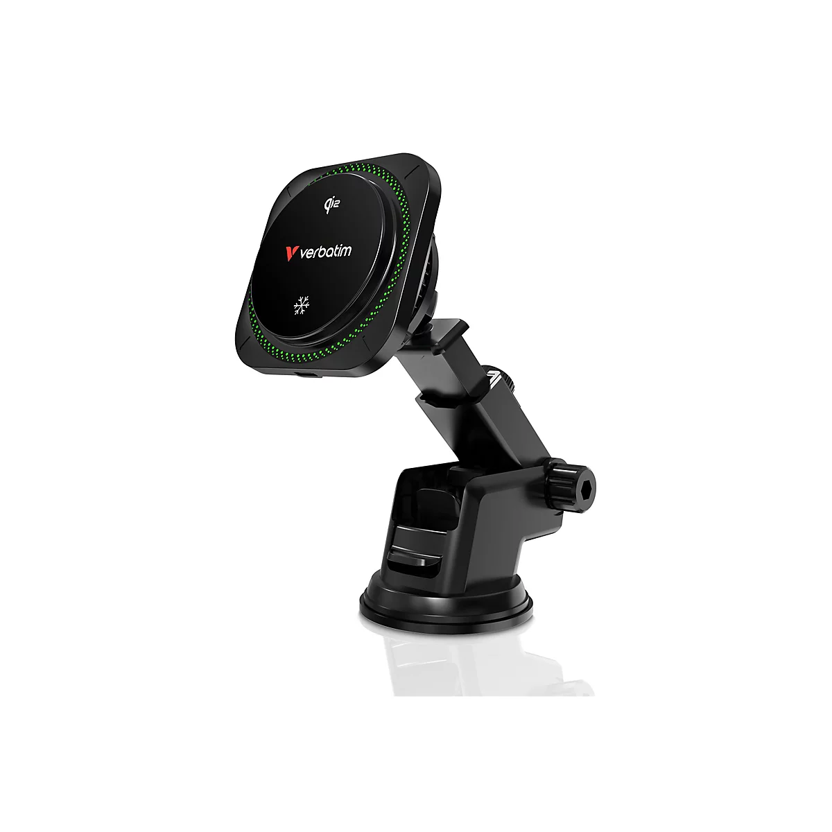 Support de téléphone noir avec logo Verbatim. Il possède une tête magnétique ronde avec des détails verts et une ventouse.